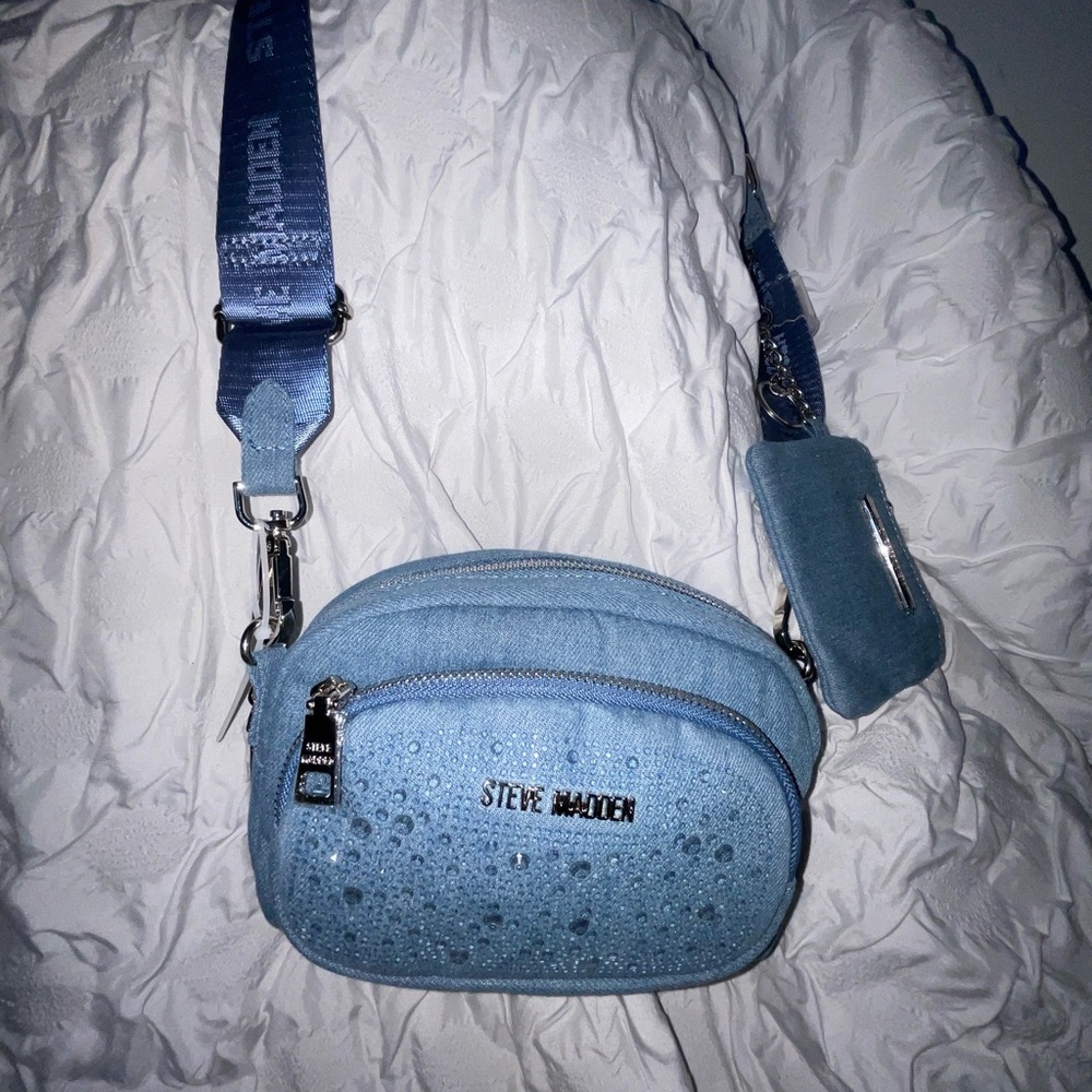 Steve Madden Blue Denim Crossbody Bag with Silver Hardware